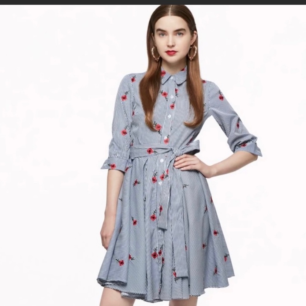 Betsey Johnson Size 6 Blooming Seersucker Shirt Dress Blue White Embroidered